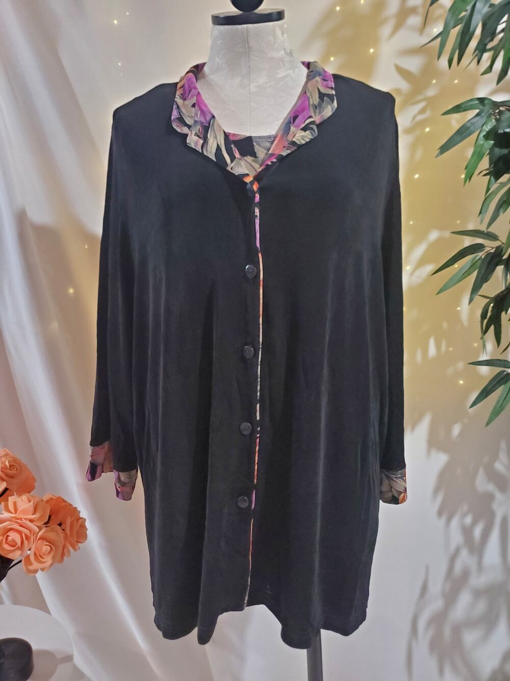 Vikki Vi 2 Piece Tropical Leaf Slinky Stretch Top Jacket Set Plus Size 1X Travel